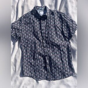 Denim & Flower Size Large 100% Linen American Short Sleeve Top Mens Natural Blue